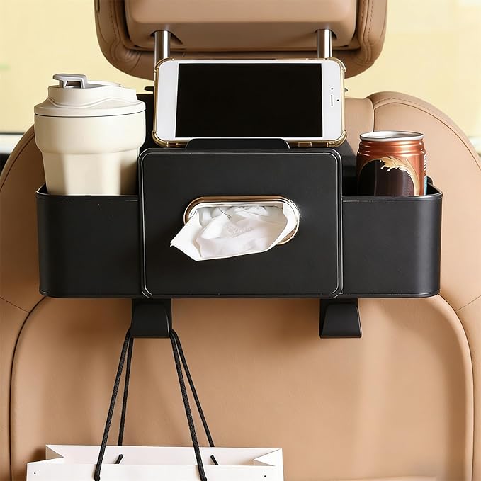 Multifunctional Car Organizers and Storage Box, 2026 New Backseat Car Organizer with Cup Holder, Tissue Box, Trash Bin & Hooks for Hold Phones, Snacks, Drinks, Handbags (Black)