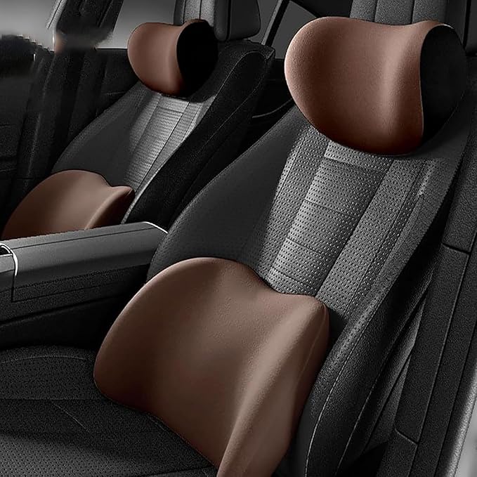 New Car Headrest & Lumbar Support Cushion for Toyota RAV4 2012-2024, Ergonomic Memory Foam Seat Headrest Neck Rest Cushion Breathable Removable Cover for Neck Back Relief,C/Brown