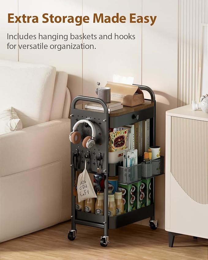 ALVOROG Rolling Cart with Drawer and Wood Table Top, 3 Tier Metal Rolling Utility Cart on Wheels with DIY Pegboards, Hanging Baskets, Hooks for Bedroom,Office,Craft Supplies (Black)