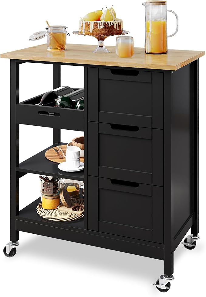 YITAHOME Kitchen Island with Storage, Kitchen Cart for Home, Rolling Serving Utility Trolley Cart on Wheel with 3 Drawers and 3 Storage Shelves, Kitchen Serving Cart for Dining Room, Bar, Black