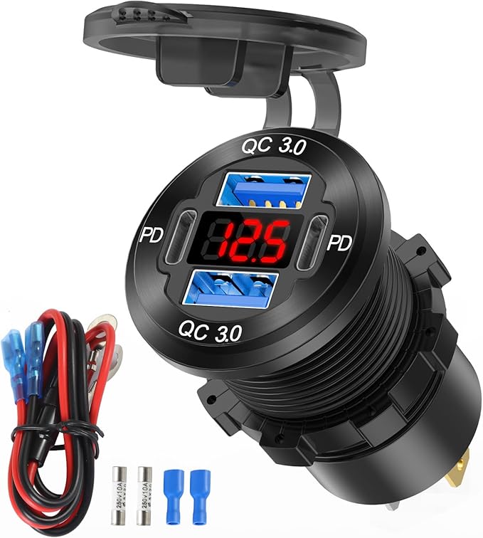 12V USB Outlet 4 Port Car Charger Socket, Dual PD USB C and Dual Quick Charge 3.0 Port Aluminum Charger with Red Voltmeter DIY Kit Waterproof for Car Boat Marine Motorcycle RV ATV Truck Golf Cart, etc