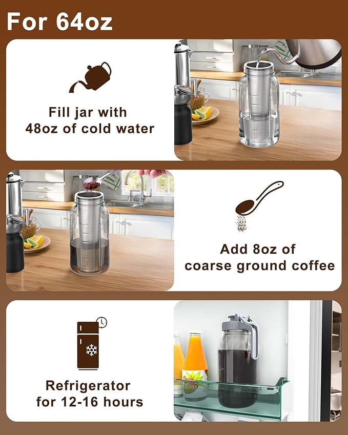 Cold Brew Strainer for 64oz Wide Mouth Mason Jars - 100-Micron Fine Mesh, Reusable 304 Stainless Steel Coffee Cold Brew Filter with Sealing Ring for Cold Brew Coffee Maker, Tea Infuser