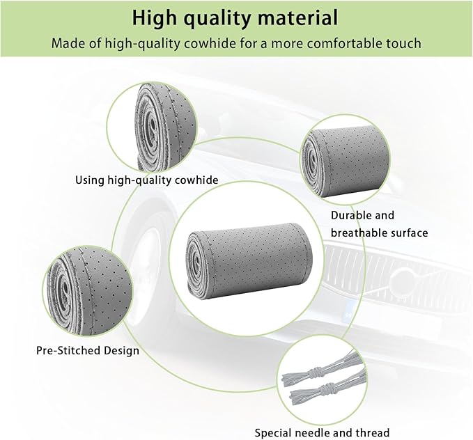 Kewucn Genuine Leather Steering Wheel Cover, 15" Universal Car Steering Wheel Protector with Needle Thread, Breathable Anti-Slip Steering Wheel Cover DIY Stitch on Wrap (Gray, Full Hole)