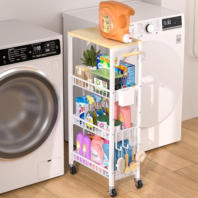 Laundry Room Organization Cart, 4 Tier Slim Rolling Cart for Small Narrow Spaces, Storage Shelf Cabinet with Wheels for Bathroom, Utility Room, Kitchen, Near Washer Dryer (9.1" W Overall)