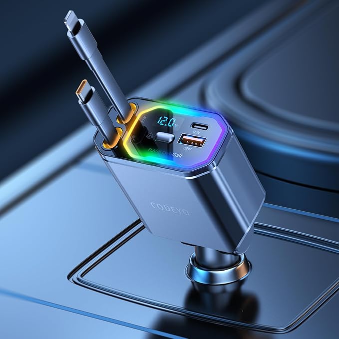 Retractable Car Charger, 146W 4 in 1 (PD 65W) for iPhone 16 Car Charger Fast Charging, 30W for iPhone Car Charger Fast Charging, RGB Light, Car Charger Adapter for iPhone 16 15 14 13 12,Samsung