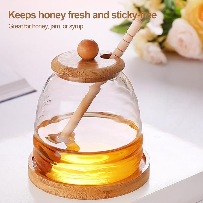 QUUPY 16.7Oz Glass Honey Jar with Dipper and Bamboo Lid Wide Mouth Syrup Containers Dispensers for Coffee Bar Home Kitchen Organization