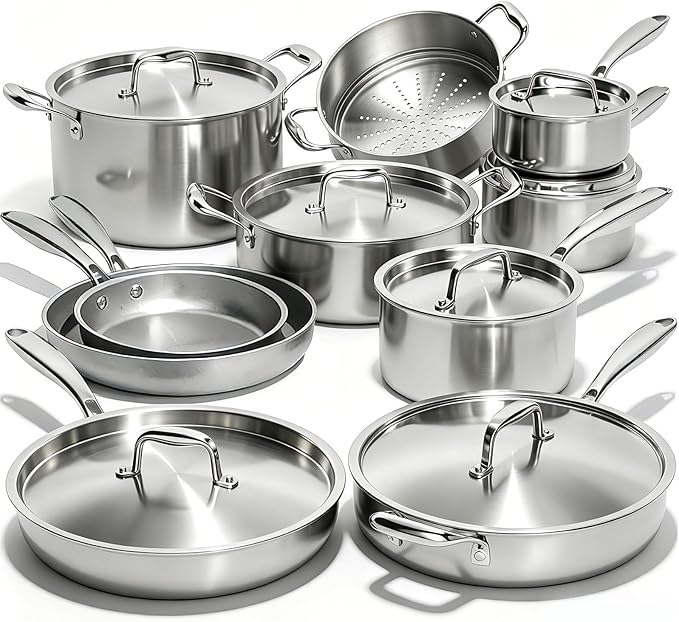 Umite Chef 17Pcs 5 Ply Clad Stainless Steel Cookware Set with Lids, Heavy Duty Pots and Pans Kitchen Set, Induction-Ready, Dual Aluminum Core for Even Heat, Cool Grip Handles, Dishwasher Safe
