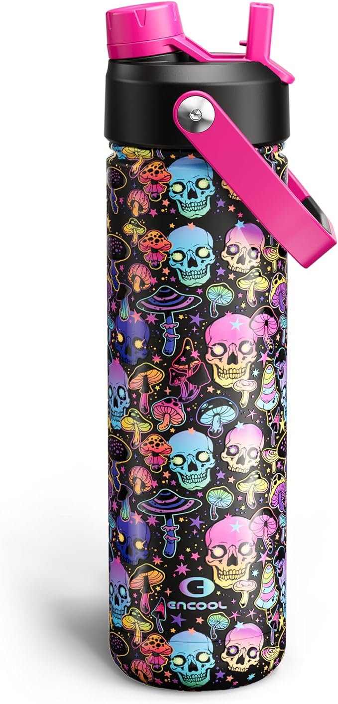 ENCOOL Insulated Water Bottle with Straw Stainless Steel Water Bottle, Leak-Proof, BPA-Free, Double Wall Vacuum Keeps Cold for 24 Hours for Sports, Travel, School (26 oz, Trippy Skulls)