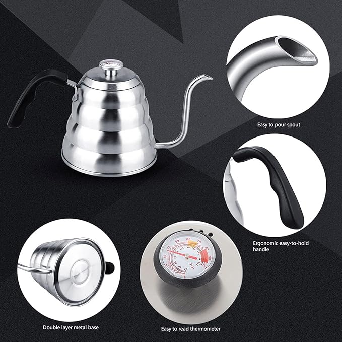 TOPINCN 304 Stainless Steel Pour Over Coffee Gooseneck Kettle Teapot with Thermometer, 1.2L Capacity, Beehive Shaped Design, for Gas, Electric and Induction Stoves (1.2L)