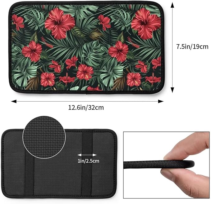 Red Hibiscus Auto Center Console Pad Aloha Palm Leaf Monstera Car Armrest Seat Box Cover Protector, Universal Non Slip Soft Center Console Armrest Pad for Vehicle, SUV, Truck