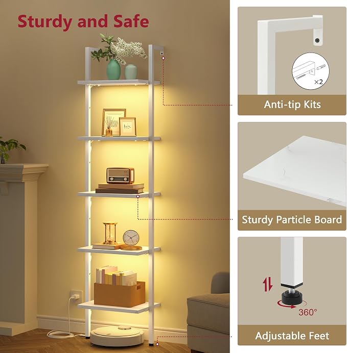 Tajsoon 5 Tier Ladder Bookshelf with Light, Wall Mounted Book Shelf, Wooden Wall Mounted Ladder Bookshelf with Metal Frame, Industrial Ladder Shelf for Office, Living Room, Bedroom, White