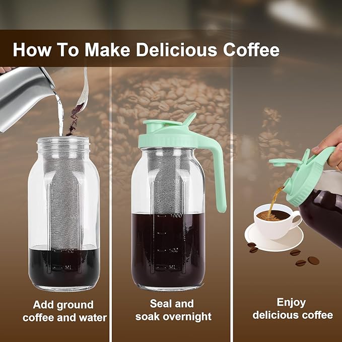 Cold Brew Coffee Maker - 64 Oz Heavy-Duty Glass Mason Jar Pitcher with Stainless Steel Filter, Leak-Proof Lid, Ergonomic Handle & Precision Pour Spout – Ideal for Iced Coffee, Tea, Cold Brew (Green)