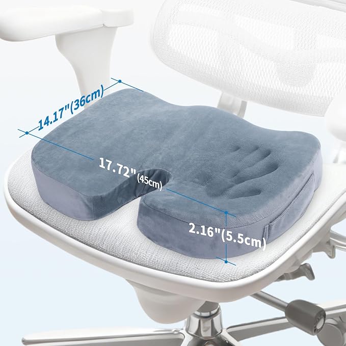 Memory Foam Seat Cushion for Office Chairs & Tailbone Pain Relief - Ergonomic Chair Seat Cushion & Car Seat Cushion for Long Driving - Non-Slip Portable Wheelchair Cushions, Grey
