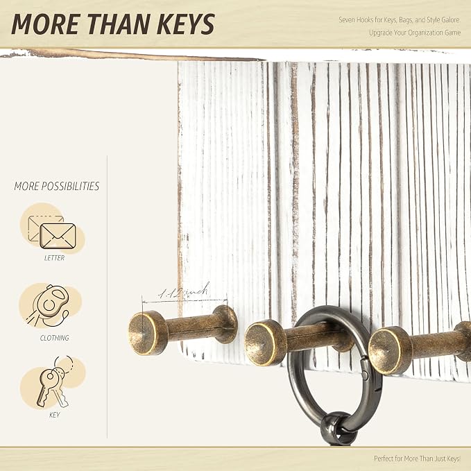 Rebee Vision Farmhouse Key Holder Wall Mount - Key and Mail Holder for Wall with 7 Sturdy Key Hooks and Floating Shelf - Boho Decor for Apartment Essentials (Whitewash)