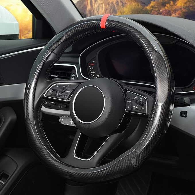 ZHOL Carbon Fiber Car Steering Wheel Cover Small-Size 14"-14 1/4" Compatible with Prius Civic Model 3 Camaro Spark Rogue Mini Smart Audi