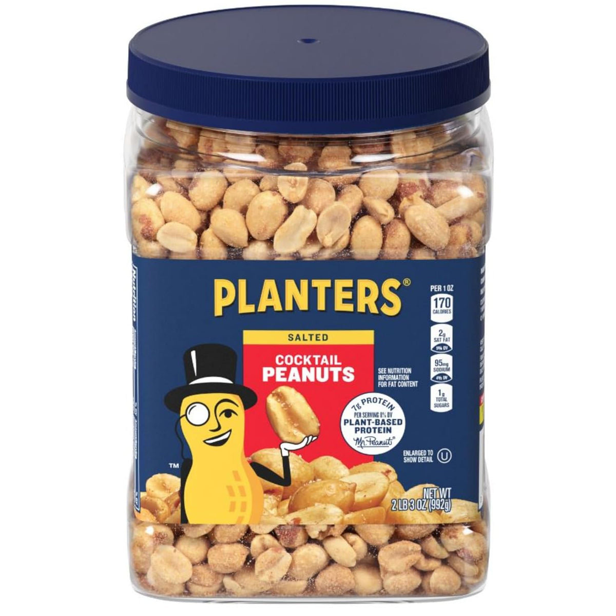 PLANTERS Salted Peanuts Cocktail, Party Snack, Plant-Based Protein, After School Snack, Roasted in Peanut Oil, Salted Nuts, Snacks for Adults, Bulk Nuts, Kosher, 2.19lb Jar