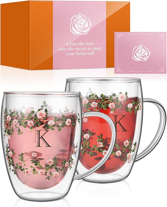 Initial Glass Cup for Women, 12oz Rose Double Walled Glass Coffee Mugs, Personalized Gifts for Women, Initial Coffee Tea Mug with Scarf, Birthday Gifts for Her Mom Friend (ROSE-K)