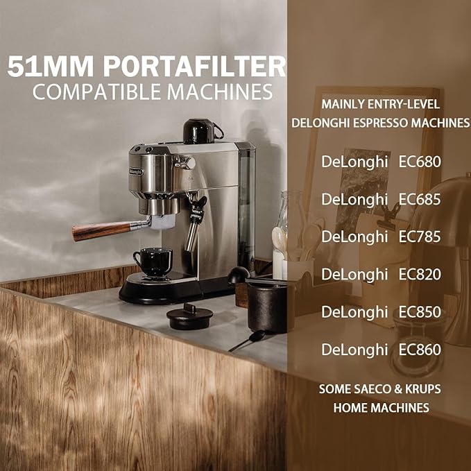 54mm Bottomless Portafilter with 3 Ears – Includes Magnetic Dosing Funnel, Etched & Sintered Filter Screens, Double Shot Basket, Stainless Steel Holder with Redwood Handle, Fits DeLonghi51mm Machines