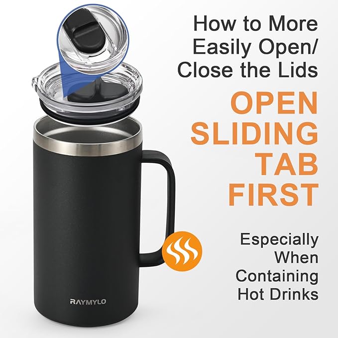 Insulated Coffee Mug 24 oz, Double Wall Stainless Steel Coffee Mug with Lids, Leak-Proof & Detachable Slider Lid for Thorough Clean, Keeps Coffee Cold for 9 Hrs, Suitable for Camp Home Office
