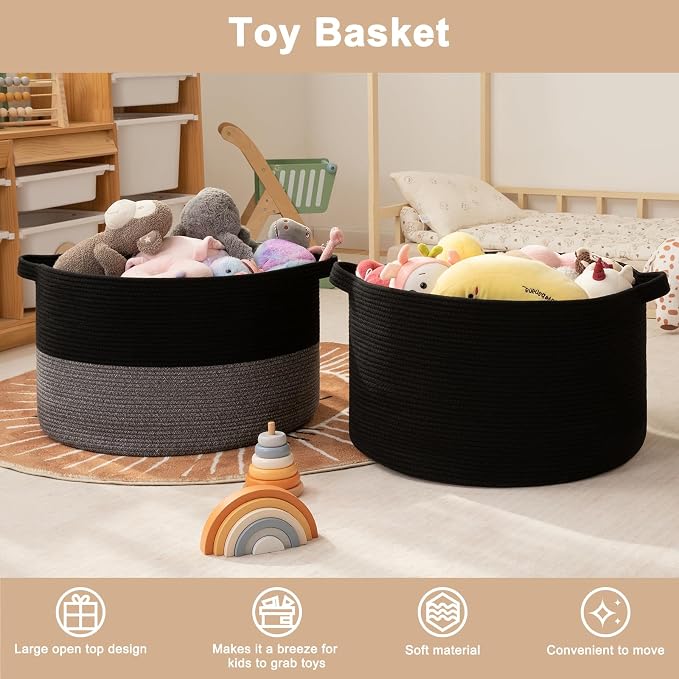 OIAHOMY 115L Extra Large Blanket Basket for Living Room, 23.6" x 15.4" Woven Cotton Rope Laundry Basket for Organizing Pillows, Decorative Stuffed Animal Toy Storage for Nursery, Black