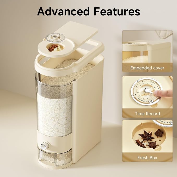 UFORU Rice Dispenser 20 lbs | Large Rice Storage Container for Kitchen&Pantry - Space-saving, Moisture & Pest-proof, BPA-Free - Dry Food Dispenser with One-Touch Dispenser & Measuring Cup for Families
