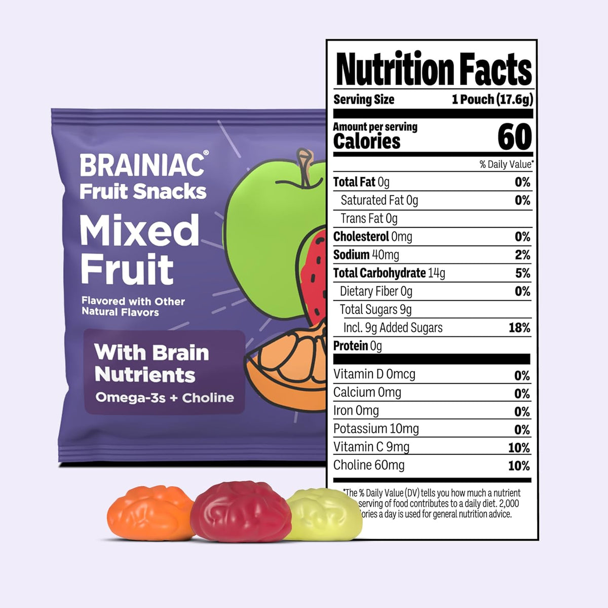Brainiac Fruit Snacks, Brain Boosting Patented BrainPack Ingredients with Omega-3s DHA/EPA and Choline, Functional & Nutritious Snacks for toddlers and kids, Mixed Fruit, 40 count