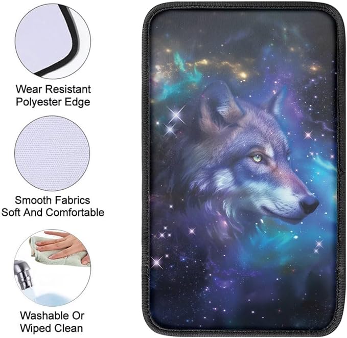 Galaxy Wolf Print Car Center Console Armrest Cover Dust-Proof Decorative Armrest Box Protector Cushion Pad for Most Vehicles, Universal Fits, Blue