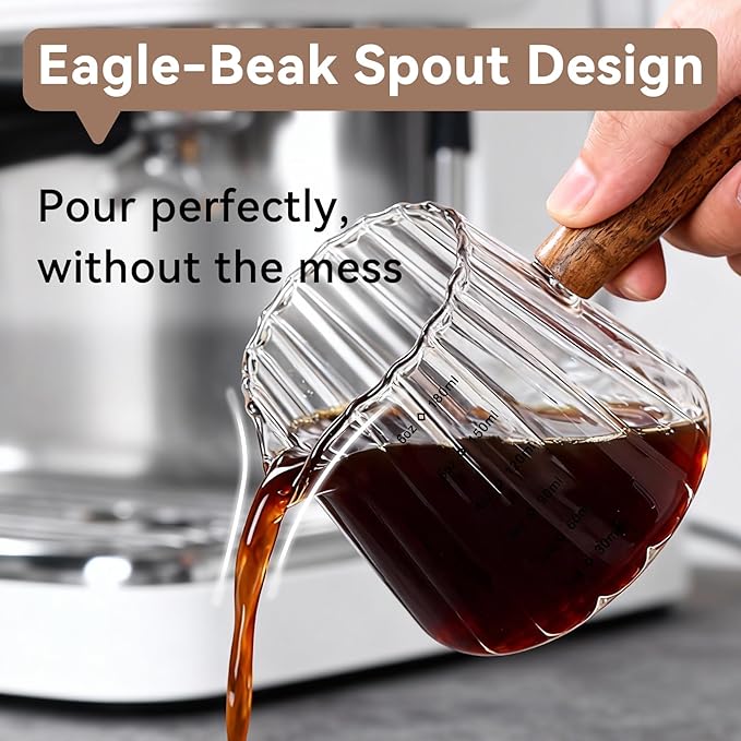 Glass Measuring Cup 6OZ, Espresso Accessories, Expresso Shots Cup, Espresso Shot Glass with V-Shaped Mouth, Ribbed Milk Frothing Pitcher, coffee Espresso Cup (Glass Handle)