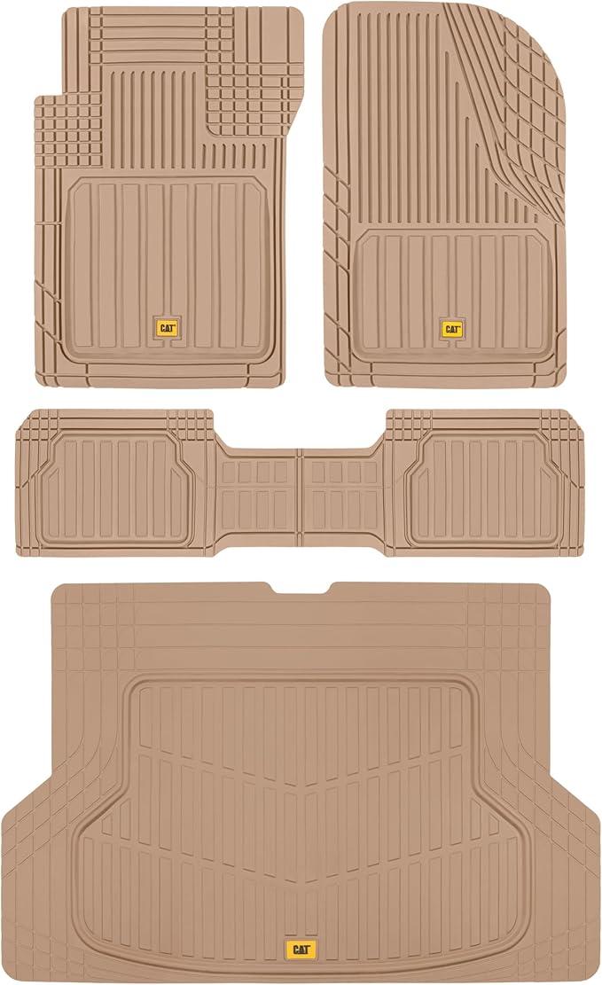 Cat® ToughLiner Heavy Duty Rubber Floor Mats & Cargo Trunk Liner for Car SUV Van Sedan, Beige - Trim to Fit, All Weather Deep Dish Automotive Floor Mat, Total Dirt Protection