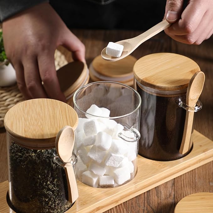 Glass Spice Storage Container with Spoon, 3PCS 20oz Airtight Sealed Condiment Jar with Tray, Kitchen Pantry Seasoning Canister Set for Salt Coffee Sugar Tea & Bathroom Cotton Swab Ball