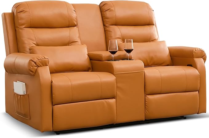 DRMBOOK RV Loveseat Recliner Sofa with Console, Faux Leather Double Wall Hugger Reclining Couch Manual Movie Seating 2 Person Recliner Chair with Cup Holders/Storage/Pocket/Lumbar Pillow, Orange