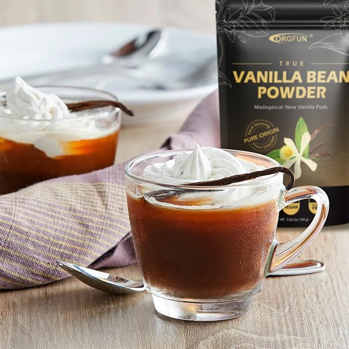ORGFUN Vanilla Bean Powder 3.53 Oz, Native Ground Madagascar Vanilla Powder Pure Natural No Fillers or Additives Great for Baking, Desserts, Coffee Vegan Gluten Free 100G