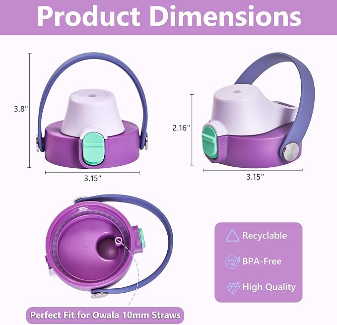2 IN 1 Replacement Lid for Owala Freesip, Compatible with Owala Cup 16oz 24oz 32oz 40oz, One Button Water Bottle Top Lid Replacement Accessory and Straws, Leakproof, BPA-Free, Purple Pink