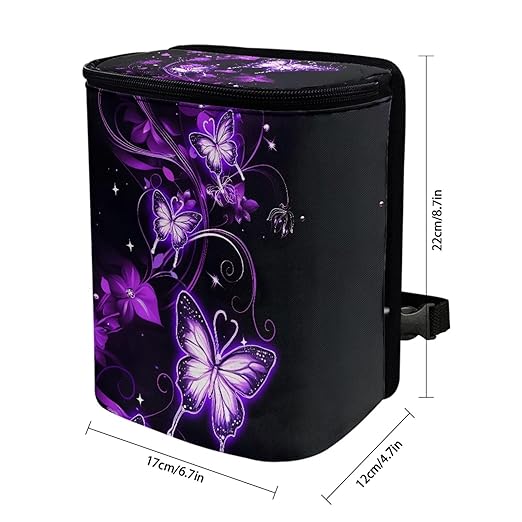 KEIAHUAN Purple Butterfly Car Garbage Bag Hanging Collapsible Large Capacity Garbage Can Portable Car Trash Can with Lid Collapsible Vehicle Interior Accessories for Women