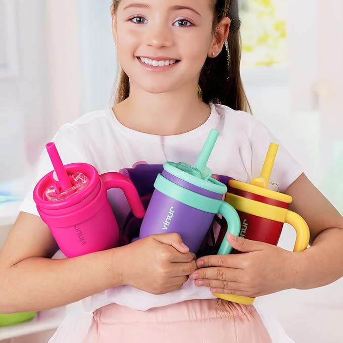 VINUR Kids Insulated Tumbler with Lid and Straw 17 oz-Spill Proof& Leak Resistant-Stainless Steel Vacuum Tumbler Travel Mug with Handle & Silicone Base-Cup Holder Friendly, Purple
