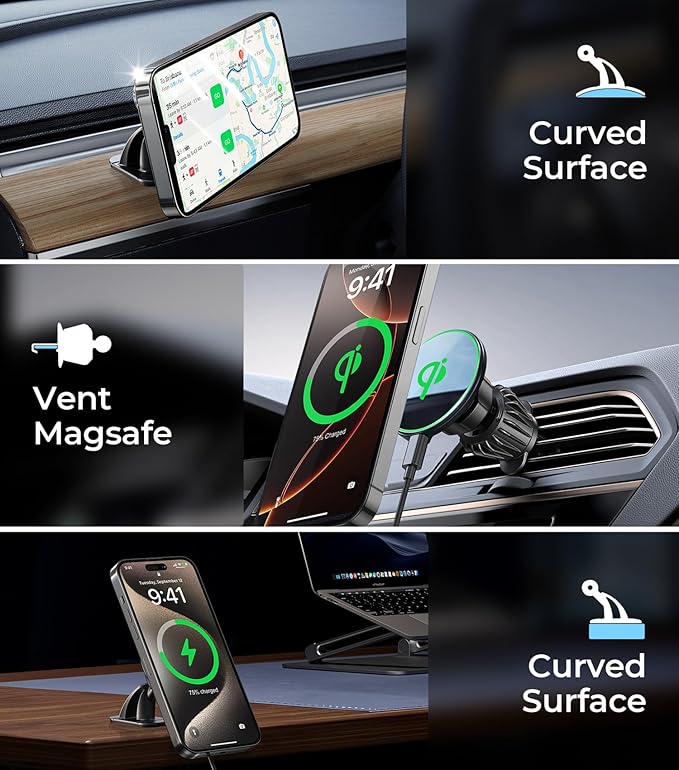 Car Mount for Qi2 MagSafe Wireless Charger, 2-in-1 Dashboard and Air Vent Mount, Strong Adhesive, Heat Resistant, 360° Rotation, Magnetic Phone Holder for Your Car Accessories for iPhone 16 Pro Max