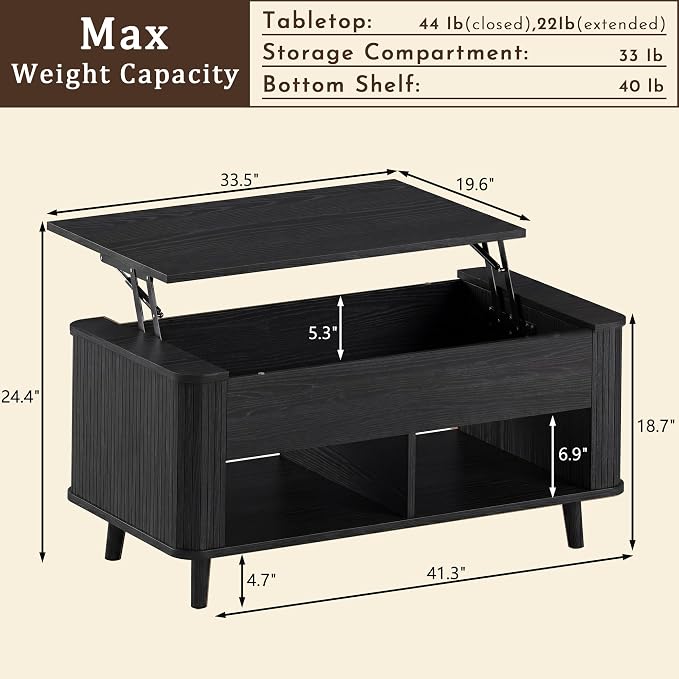 HUAHUU 41.3" Lift Top Coffee Table, Modern Coffee Table with Storage, Fluted Coffee Tables with Lift Tabletop, Hidden Storage Compartment & Lower Shelf for Living Room, Home Office, Black