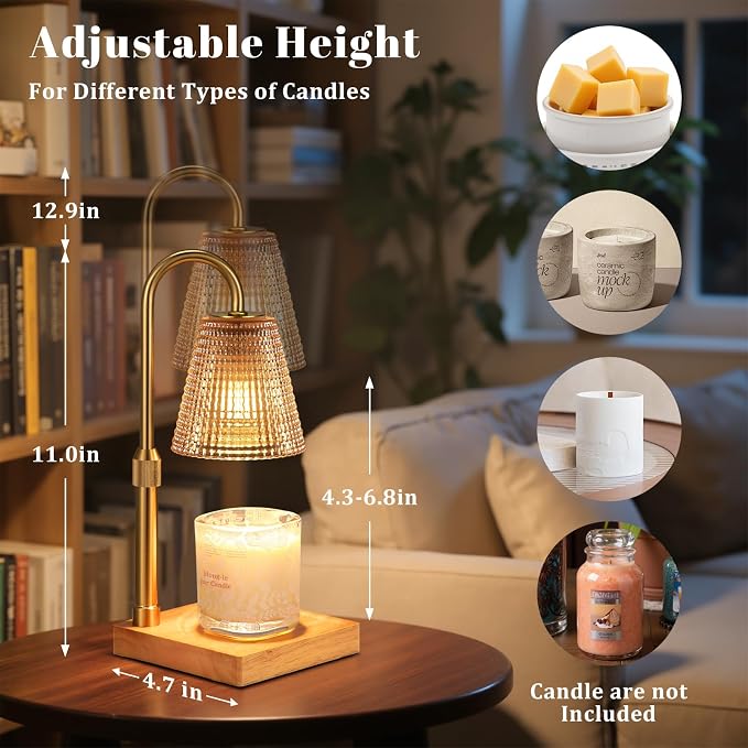Hong-in Adjustable Height Candle Warmer Lamp with Timer Dimmer,Birthday Gifts for Women Mom,House Warming Gifts New Home Room Decor,Vintage Wax Warmer for Scented Wax Jar Candles(Amber)