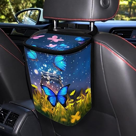 Butterfly Hanging Car Trash Bin Butterfly Car Interior Storage Accessories Portable Leak-Poof Vehicle Garbage Cans Mini Car Trash Cans for Front Back Seat Blue Butterfly