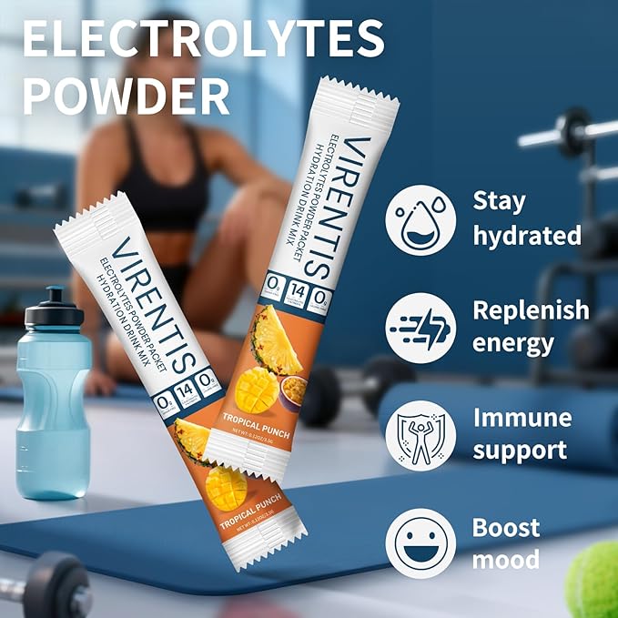 16 Sticks Electrolytes Powder Packets Sugar Free Hydration Packets Liquid Daily IV Electrolyte Drink Mix for Rehydration with 8 Electrolytes & 6 Vitamins, Low Sodium, Tropical Punch