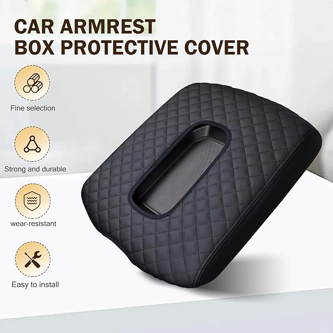 Car Center Console Cover, Leather Embroidery Car Armrest Cover Cushion, Original Size Jump Seat Console Armrest Cover with Straps, Armrest Protector for 2019-2024 Chevy Silverado (Black)