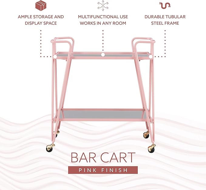 Gina Pink Mid-Century Bar Cart with Mirrored Shelves and Locking Wheels by Linon
