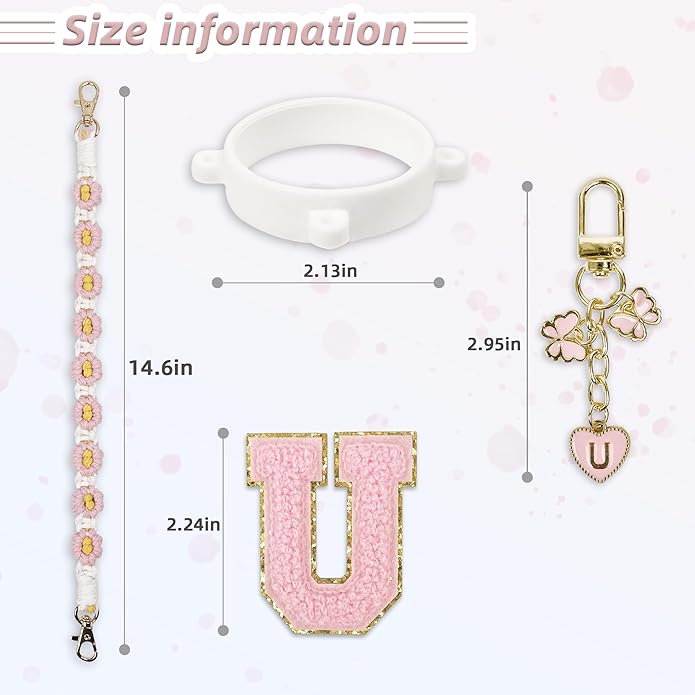 Compatible with Owala Water Bottle Accessories, Cute Letter Charm Set with Boho Handle Strap, Monogram Sticker, Silicone Ring, Keychain Decoration, for FreeSip 24 32 40oz, Owala Kids, Tumbler Gift