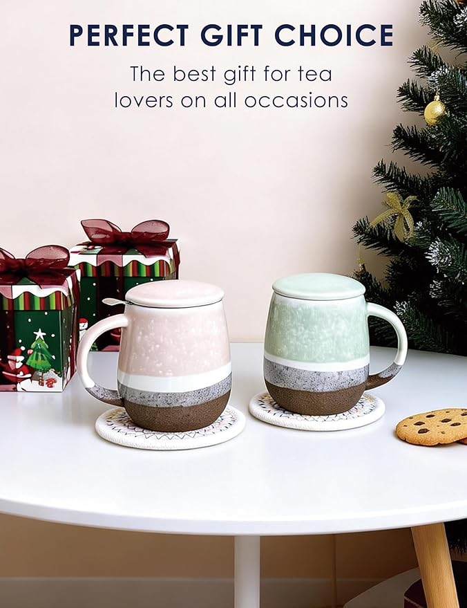 SISETOP 13.5 OZ Large Tea Infuser Mug, Reactive Glaze Tea Cup with Infuser and lid, Ceramic Infusion Mug for Loose Leaf, Microwave & Dishwasher Safe, Green