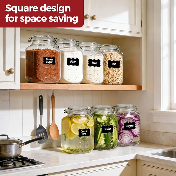 1.1 Gallon Wide Mouth Glass Canisters with Airtight Lids & Measurement Marks (2-Pack) – Includes 2 Measuring Scoops & Labels, Food Storage Jars for Flour, Sugar & Baking Supplies | BPA-Free