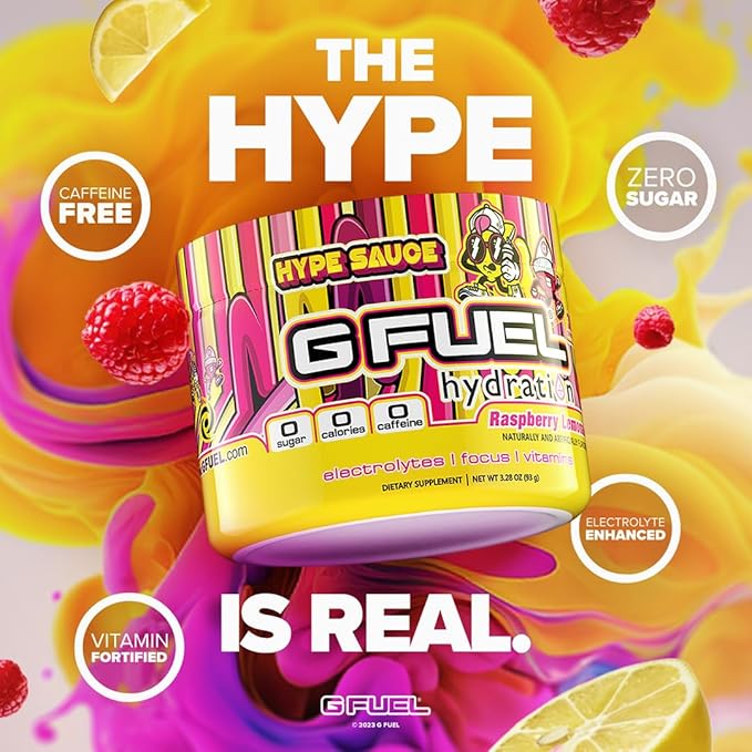 G Fuel Hype Sauce Supreme Hydration, Electrolyte Powder Mix for Energy & Focus, Sugar and Caffeine Free Supplement with Essential Vitamins & Minerals, Raspberry Lemonade Flavor, 3.3 oz - 30 Servings