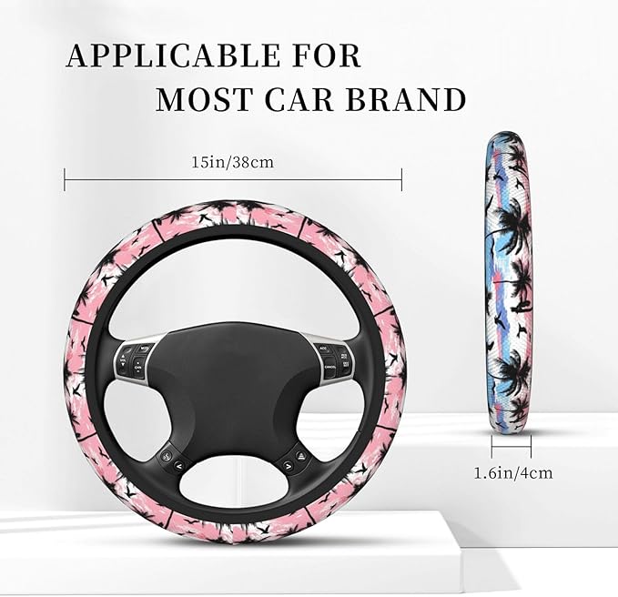 Black Palm Trees Birds Steering Wheel Cover for Women Men Girls, Car Accessories Decor Thickened Anti-Slip Auto Steering Wheel Covers Protector Universal Fit 15 Inch for Cars, Truck, SUV