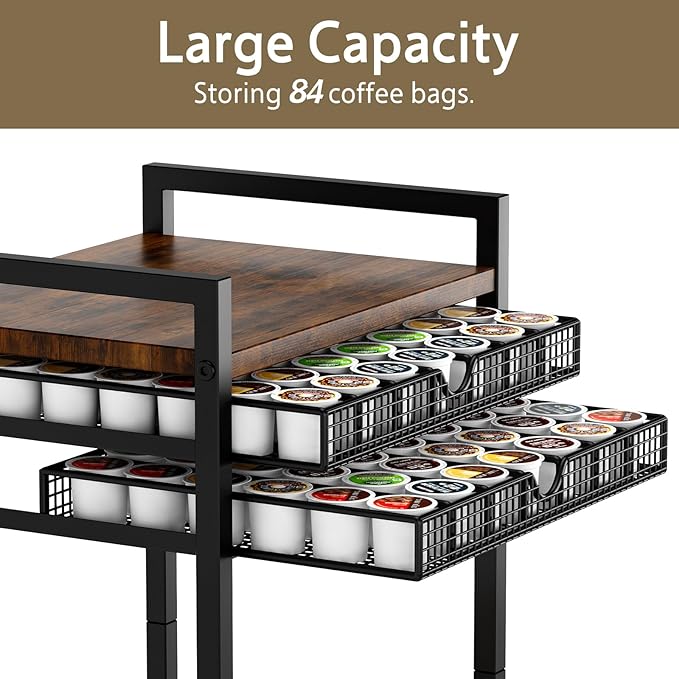 Miratino Coffee Bar Stand Station Cart, Coffee Pod Holder Drawer for 84 Coffee Pods Storage, Coffee Cart with Wheels, Stylish Home or Office Coffee Bar Station Organizer, Rustic Brown