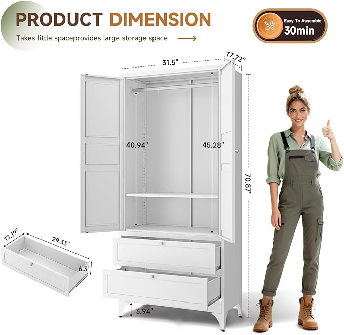 Letaya Metal Armoire Wardrobe Closet with 2 Drawers,18" Deep Clothing Storage Cabinet with Doors and Shelves,Coat Closet with Hanging Rod,Bedroom,Home,Cloak Room,White