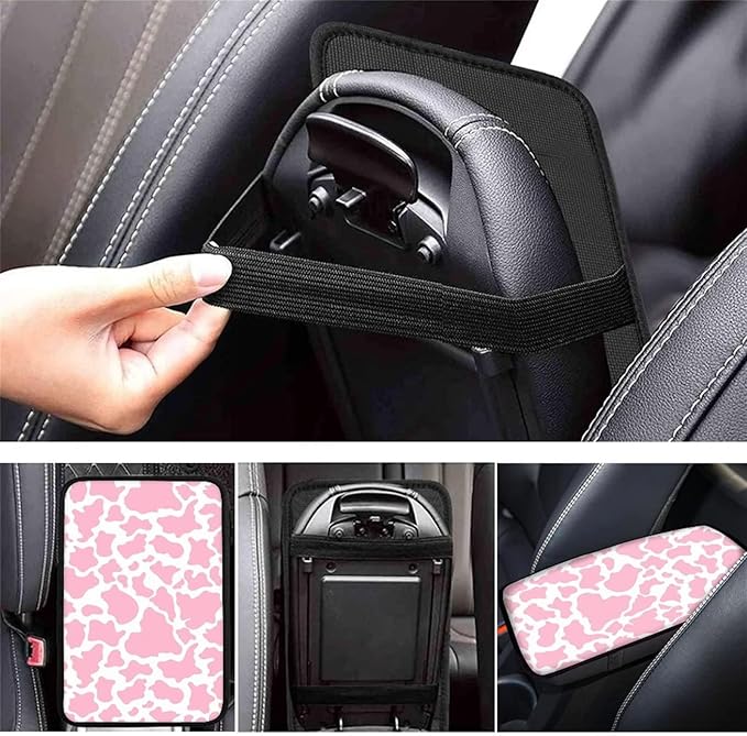 Dreaweet Pink Cow Print Auto Center Console Pad Car Armrest Seat Box Cover Protector Universal Fit Car Decor Handrail Box Arm Rest Cushion Lid Soft Car Accessories for Women Men